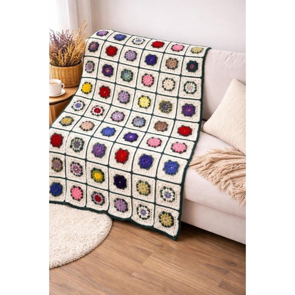 Vintage 3D Flower Granny Square Crochet‎ Afghan Throw 49x69 Boho Floral Cottage